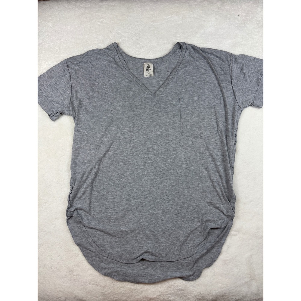 We The Free Free People Grey V-Neck Pocket T-Shirt Oversized High Low Hem Medium